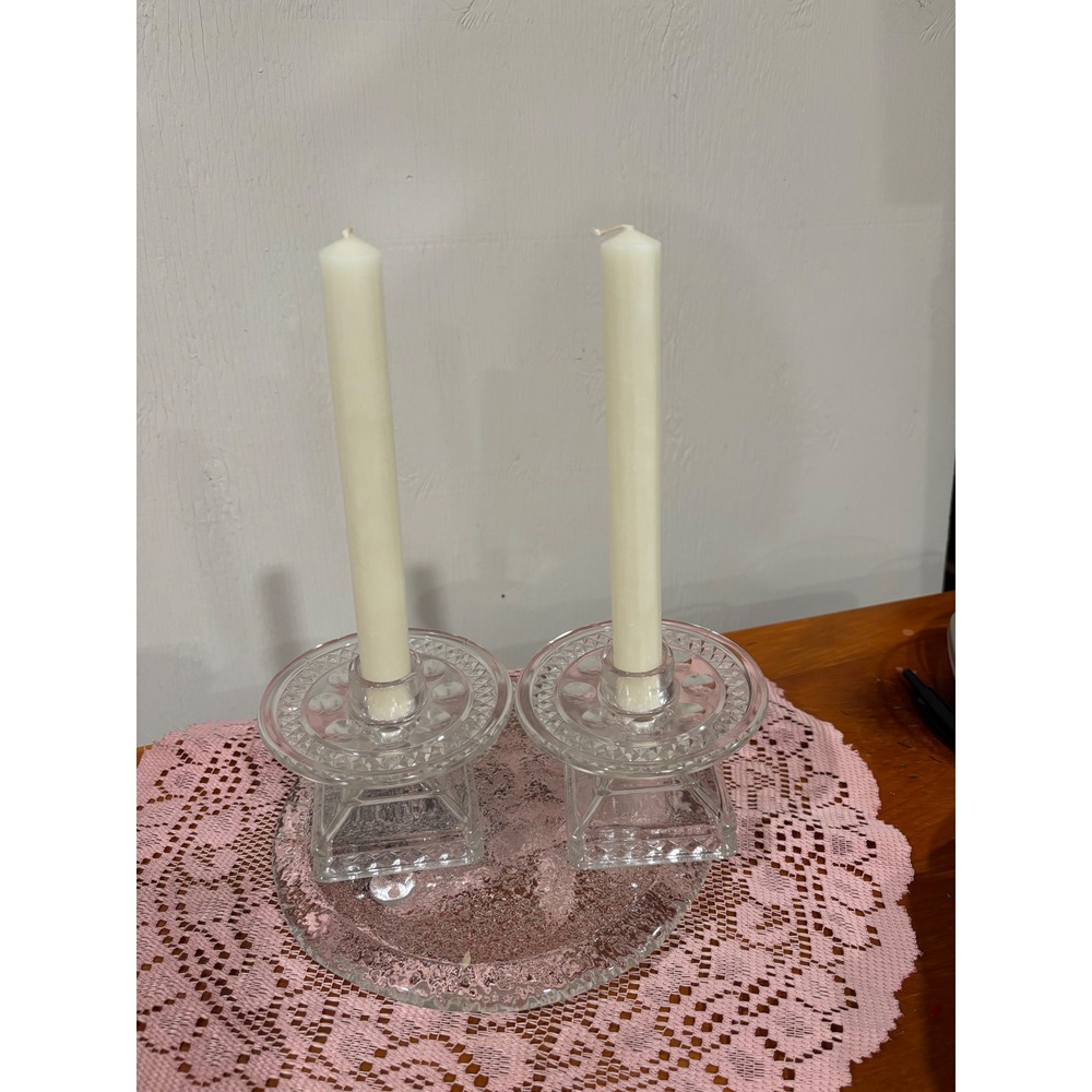 Vintage Clear Pressed Glass Candlestick Holders Set of 2 Square Base Taper 4in